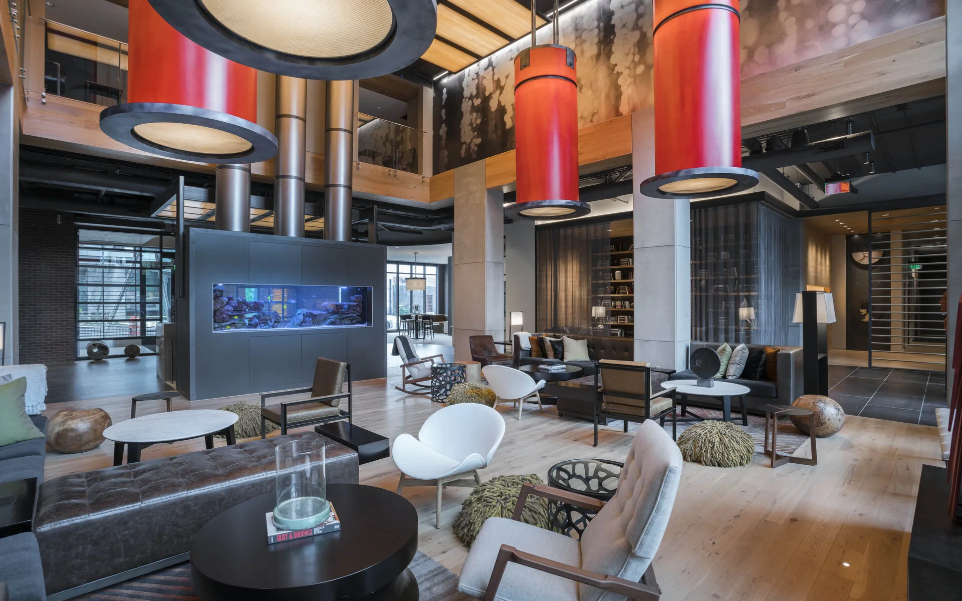 The Belgard lobby with seating and aquarium